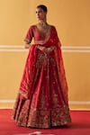 Jigar Mali_Maroon Chanderi Sequins, Zari, Embroidery Sweetheart Neck Bridal Lehenga Set _at_Aza_Fashions
