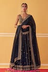 Buy_Jigar Mali_Blue Organza, Chanderi Sequins, Beads Plunge Neck Stripe Embroidered Lehenga Set _at_Aza_Fashions