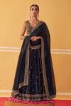 Buy_Jigar Mali_Blue Organza, Chanderi Sequins, Beads Plunge Neck Stripe Embroidered Lehenga Set _Online_at_Aza_Fashions