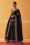 Jigar Mali_Blue Organza, Chanderi Sequins, Beads Plunge Neck Stripe Embroidered Lehenga Set _at_Aza_Fashions