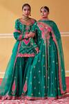 Jigar Mali_Green Chanderi, Organza Embroidery V-neck Hand Jacket Anarkali Set _Online