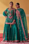 Jigar Mali_Green Chanderi, Organza Embroidery Split V-neck Dori Kurta Sharara Set _Online_at_Aza_Fashions