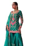 Shop_Jigar Mali_Green Chanderi, Organza Embroidery Split V-neck Dori Kurta Sharara Set _Online_at_Aza_Fashions