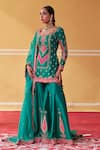 Jigar Mali_Green Chanderi, Organza Embroidery Split V-neck Dori Kurta Sharara Set _at_Aza_Fashions