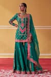 Buy_Jigar Mali_Green Chanderi, Organza Embroidery Split V-neck Dori Kurta Sharara Set 