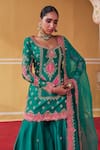Shop_Jigar Mali_Green Chanderi, Organza Embroidery Split V-neck Dori Kurta Sharara Set 