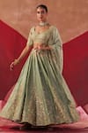 Jigar Mali_Green Lehenga And Blouse Banarasi Hand Embroidered Dori Leaf Neck Set _Online_at_Aza_Fashions