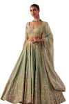 Jigar Mali_Green Lehenga And Blouse Banarasi Hand Embroidered Dori Leaf Neck Set _at_Aza_Fashions