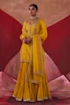 Buy_Jigar Mali_Yellow Kurta And Gharara Chanderi Hand Embroidered Dori Leaf Neck Set _at_Aza_Fashions