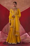 Jigar Mali_Yellow Kurta And Gharara Chanderi Hand Embroidered Dori Leaf Neck Set _Online_at_Aza_Fashions