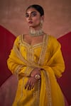 Jigar Mali_Yellow Kurta And Gharara Chanderi Hand Embroidered Dori Leaf Neck Set _at_Aza_Fashions