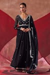 Buy_Jigar Mali_Black Chanderi Hand Work Bead Plunge V Neck Embroidered Anarkali Set _Online_at_Aza_Fashions