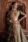 Jigar Mali_Green Chanderi Hand Work Dori Plunge Floral Embroidered Bridal Lehenga Set _Online_at_Aza_Fashions