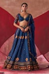 Buy_Jigar Mali_Blue Chanderi Hand Embroidered Dori Plunge Neck Lehenga Set _at_Aza_Fashions