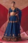 Jigar Mali_Blue Chanderi Hand Embroidered Dori Plunge Neck Lehenga Set _at_Aza_Fashions