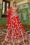 Buy_Dolly J_Red Silk Embroidered Pearl Plunge Charlotte Bridal Lehenga Set _at_Aza_Fashions