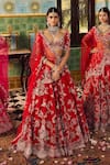 Dolly J_Red Silk Embroidered Pearl Plunge Charlotte Bridal Lehenga Set _Online_at_Aza_Fashions