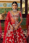 Buy_Dolly J_Red Silk Embroidered Pearl Plunge Charlotte Bridal Lehenga Set _Online_at_Aza_Fashions