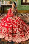 Dolly J_Red Silk Embroidered Pearl Plunge Charlotte Bridal Lehenga Set _at_Aza_Fashions