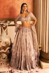 Buy_Dolly J_Grey Organza Embroidered Thread Plunge Dulect Zardozi Bridal Lehenga Set _at_Aza_Fashions