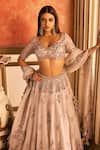 Shop_Dolly J_Grey Organza Embroidered Thread Plunge Dulect Zardozi Bridal Lehenga Set _at_Aza_Fashions