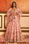 Buy_Dolly J_Pink Silk, Organza Embroidery, Zari Plunge Neck Floral Bridal Lehenga Set _at_Aza_Fashions