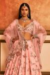 Shop_Dolly J_Pink Silk, Organza Embroidery, Zari Plunge Neck Floral Bridal Lehenga Set _at_Aza_Fashions
