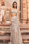 Buy_Dolly J_Ivory Tulle Embroidery Sequin V Neck Amoudi Ray Pre-draped Saree With Blouse _at_Aza_Fashions