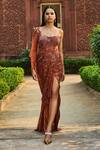 Buy_Dolly J_Brown Embroidery Sequin Sweetheart Neck Arihee Work Draped Gown _at_Aza_Fashions