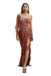 Dolly J_Brown Embroidery Sequin Sweetheart Neck Arihee Work Draped Gown _Online_at_Aza_Fashions