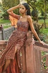 Shop_Dolly J_Brown Embroidery Sequin Sweetheart Neck Arihee Work Draped Gown _at_Aza_Fashions