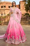 Buy_Dolly J_Pink Chiffon Embroidery Floral V Neck Pearl Lehenga Set _at_Aza_Fashions