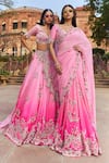 Dolly J_Pink Chiffon Embroidery Floral V Neck Pearl Lehenga Set _Online_at_Aza_Fashions