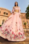 Shop_Dolly J_Pink Organza Embroidery Pearl Scoop Neck Bridal Lehenga Set _at_Aza_Fashions