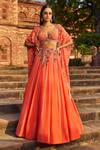 Buy_Dolly J_Orange Chiffon Beads, Ruffles Plunge Neck Rosette Embroidered Lehenga Set _at_Aza_Fashions