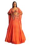 Dolly J_Orange Chiffon Beads, Ruffles Plunge Neck Rosette Embroidered Lehenga Set _Online_at_Aza_Fashions