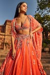 Buy_Dolly J_Orange Chiffon Beads, Ruffles Plunge Neck Rosette Embroidered Lehenga Set _Online_at_Aza_Fashions