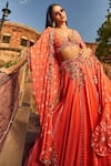 Shop_Dolly J_Orange Chiffon Beads, Ruffles Plunge Neck Rosette Embroidered Lehenga Set _at_Aza_Fashions