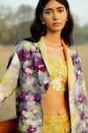 Raasa_Yellow Modal Print Color Helix Shawl Lapel Reversible Trench Coat  _at_Aza_Fashions
