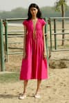 Buy_Raasa_Pink Cotton Muslin Solid V Neck Front Tie Up Midi Dress  _at_Aza_Fashions