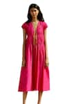 Raasa_Pink Cotton Muslin Solid V Neck Front Tie Up Midi Dress  _Online_at_Aza_Fashions