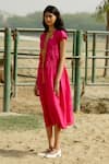 Buy_Raasa_Pink Cotton Muslin Solid V Neck Front Tie Up Midi Dress  _Online_at_Aza_Fashions