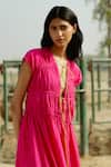 Raasa_Pink Cotton Muslin Solid V Neck Front Tie Up Midi Dress  _at_Aza_Fashions