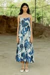 Buy_Raasa_Blue Cotton Muslin Print Tropical Round Neck Tiered Midi Dress  _at_Aza_Fashions