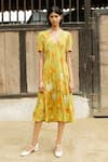 Buy_Raasa_Yellow Modal Print Fleur V Neck Midi Dress  _at_Aza_Fashions