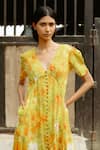 Raasa_Yellow Modal Print Fleur V Neck Midi Dress  _at_Aza_Fashions