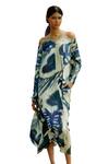 Raasa_Blue Satin Print Tropical Bliss Halter Neck Dress  _Online_at_Aza_Fashions