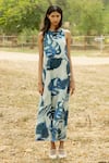 Buy_Raasa_Blue Modal Print Fleur Park Halter Neck Midi Dress  _at_Aza_Fashions