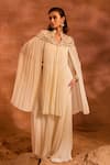 Divya Aggarwal_Ivory Cape And Pant Georgette Embellished Cape Stand Collar Alicia & Set _Online_at_Aza_Fashions