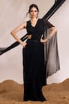 Buy_Divya Aggarwal_Black Blouse Satin Embellished Floral V Neck Eve Ruffle Pre-draped Saree With _at_Aza_Fashions